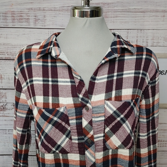 BELLA Dahl gauzy cotton plaid shirt M - Picture 3 of 14